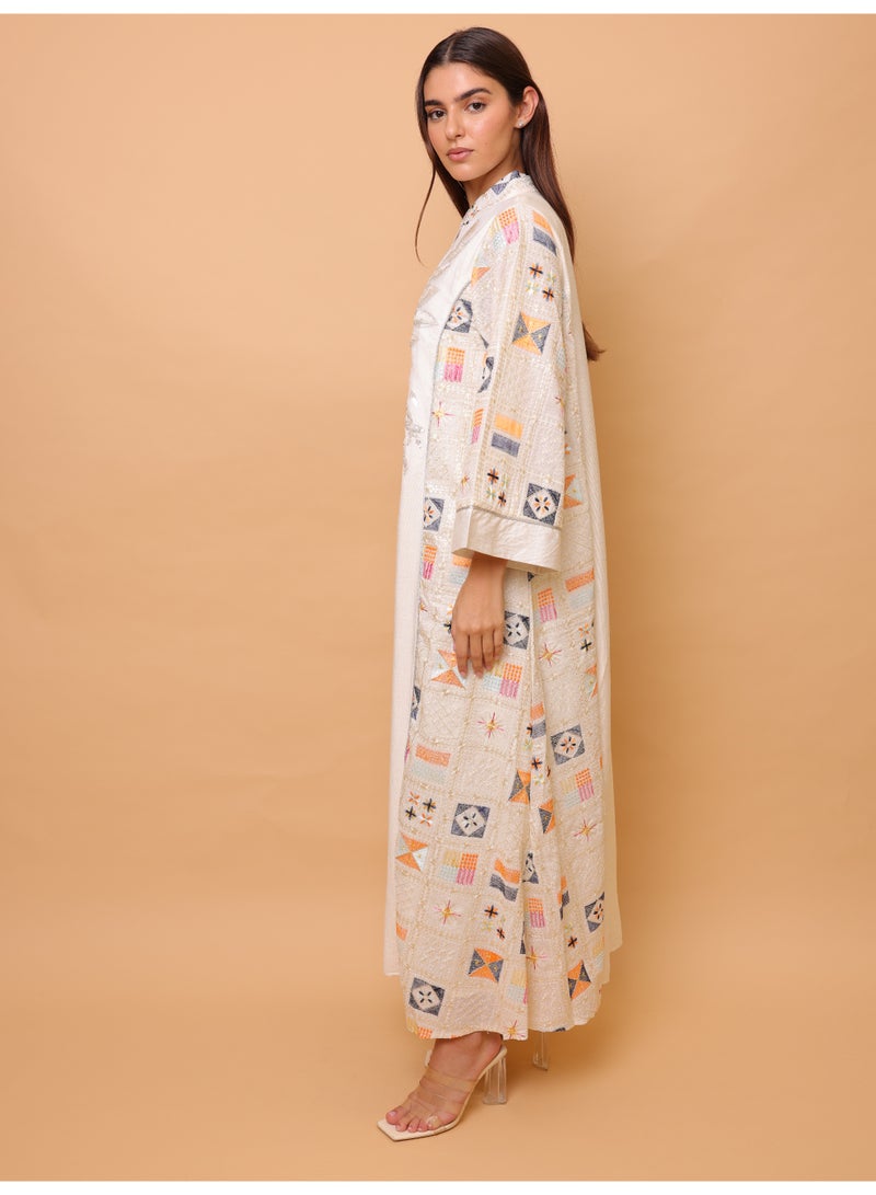 IKKXA Luxury Geometric Details Sequin Front Jalabiya IK4018 Beige - Image 3