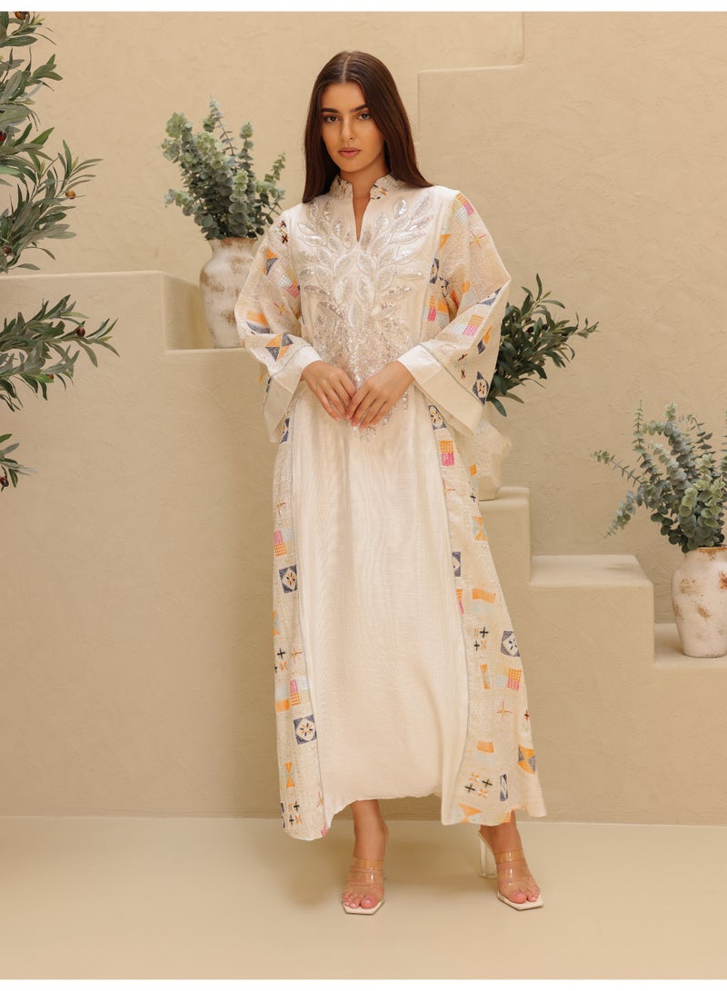IKKXA Luxury Geometric Details Sequin Front Jalabiya IK4018 Beige - Image 1