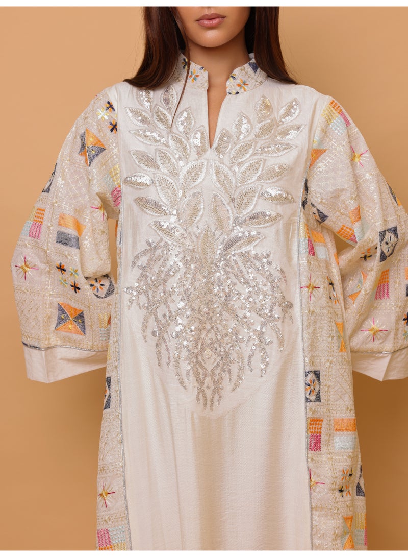 IKKXA Luxury Geometric Details Sequin Front Jalabiya IK4018 Beige - Image 2