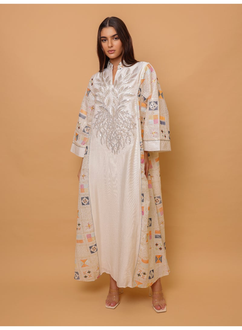 IKKXA Luxury Geometric Details Sequin Front Jalabiya IK4018 Beige - Image 5