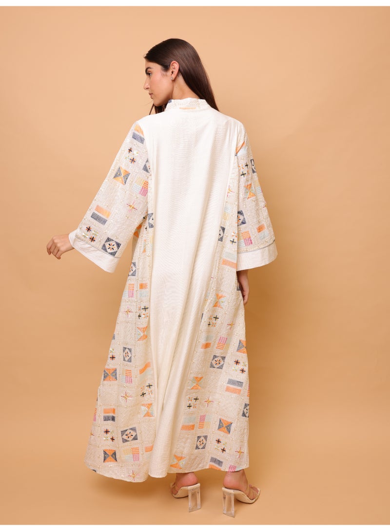 IKKXA Luxury Geometric Details Sequin Front Jalabiya IK4018 Beige - Image 4