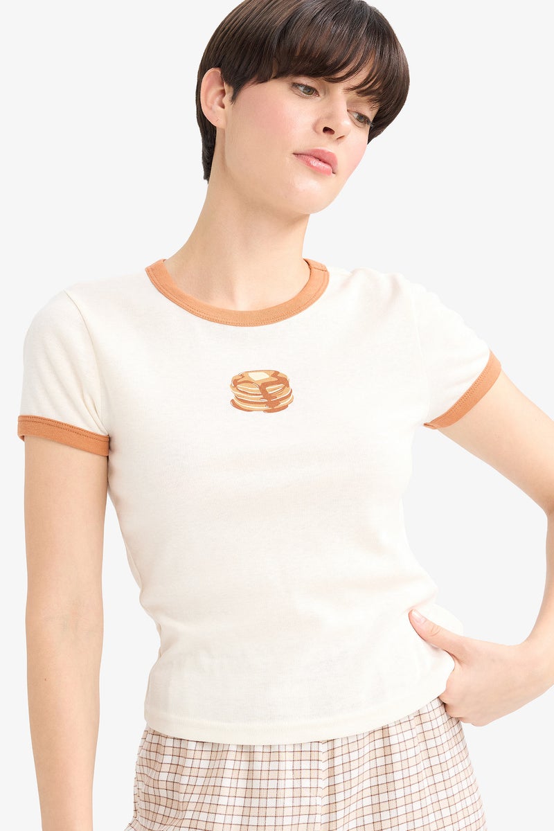 DeFacto Beige Woman Fall in Love Fitted Crew Neck Printed Ribbed Top Casual - Image 1