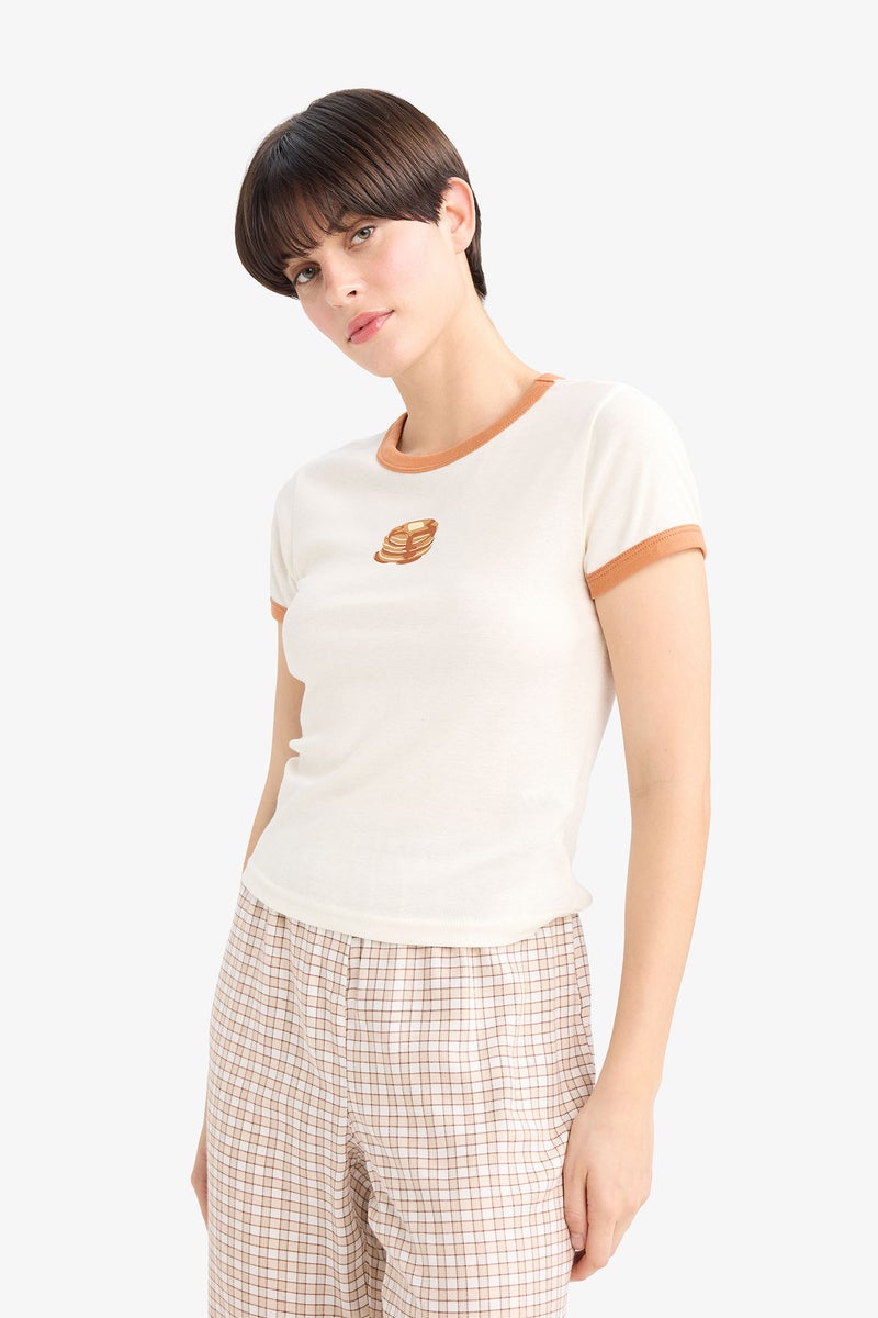 DeFacto Beige Woman Fall in Love Fitted Crew Neck Printed Ribbed Top Casual - Image 3