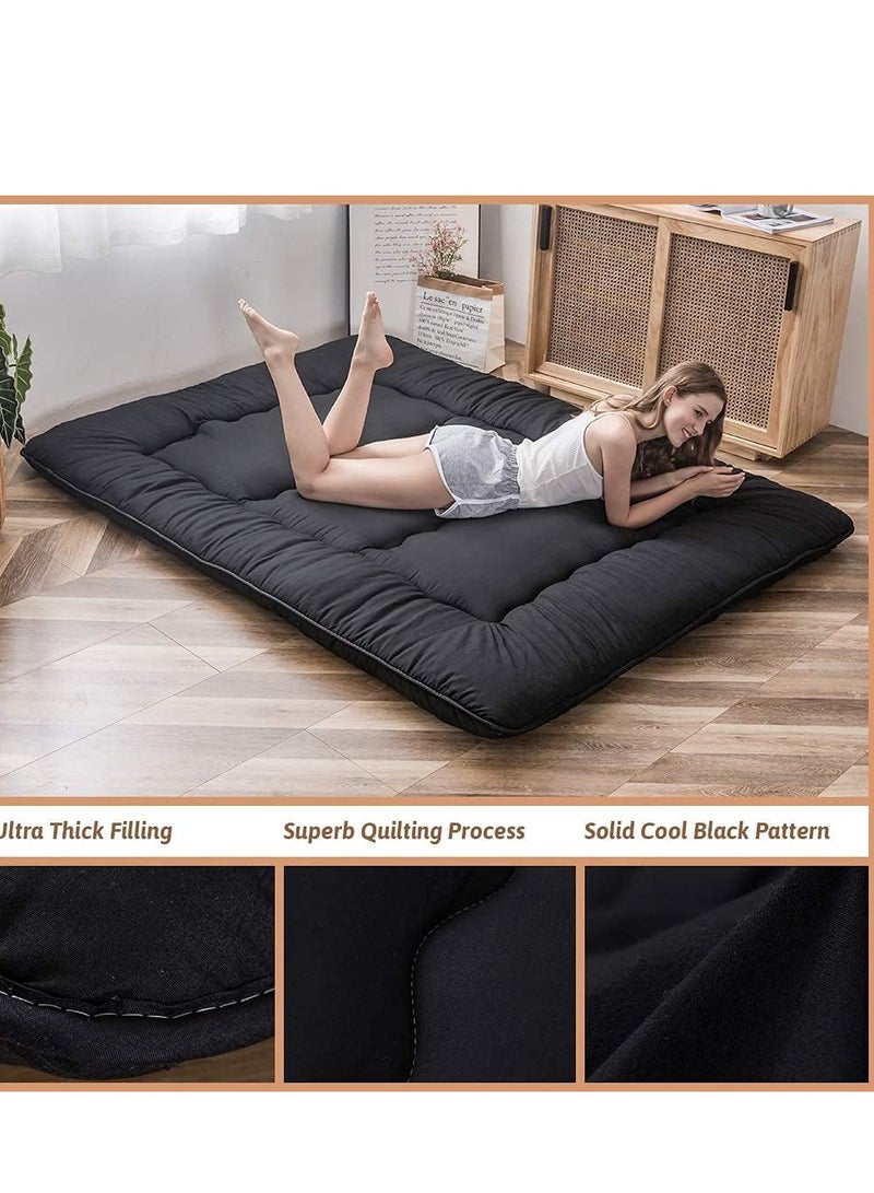 MAXYOYO Japanese Floor Futon Mattress - Thicken Tatami Mat Sleeping Pad, Foldable Roll Up for Boys Girls Dormitory, Kids Floor Lounger Pillow Bed, Black, Queen (152x200cm) - Image 2