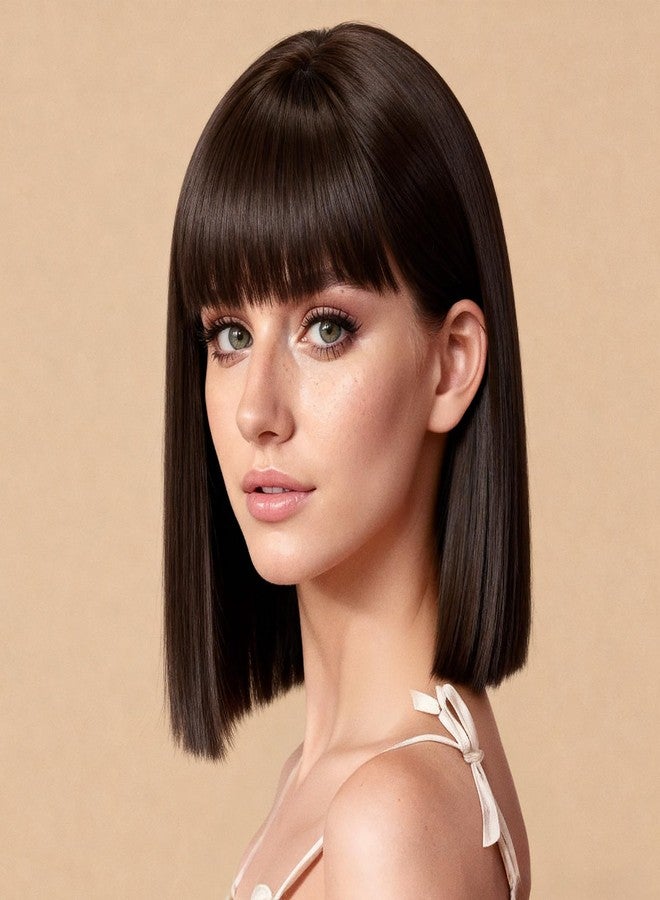 Allbell Brown Wigs for Women Short Bob with Bangs Heat Resistant Synthetic Hair 12 inch for Daily Party Halloween Costume Use - Image 1