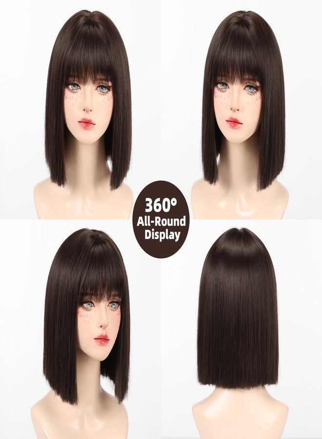 Allbell Brown Wigs for Women Short Bob with Bangs Heat Resistant Synthetic Hair 12 inch for Daily Party Halloween Costume Use - Image 2