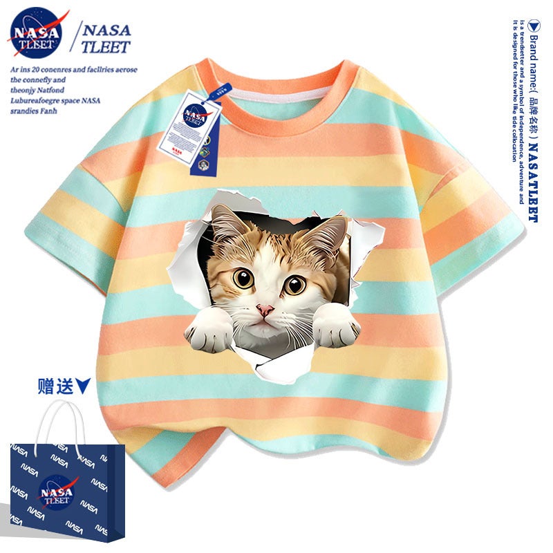 Nasa Short-Sleeved New Cartoon Cartoon Loose Casual Short-Sleeved Summer Men'S And Women'S Children'S Western Style Cat T-Shirt Trendy - Image 1
