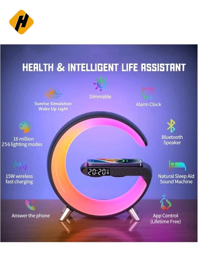 HuHa - Table Lamp Desk Night Light with 15W Quick Wireless Charger and Bluetooth Speaker, Desk Lamp with Alarm Clock and 256 RGB Light Modes Bedroom Lamp As Sleep Aid White Noise Machine - Image 1