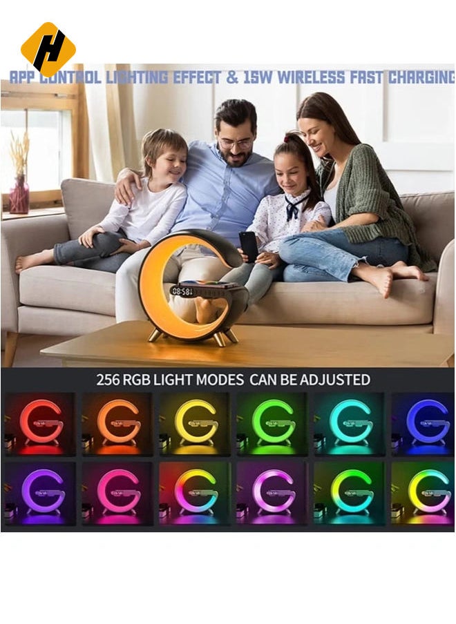 HuHa - Table Lamp Desk Night Light with 15W Quick Wireless Charger and Bluetooth Speaker, Desk Lamp with Alarm Clock and 256 RGB Light Modes Bedroom Lamp As Sleep Aid White Noise Machine - Image 1