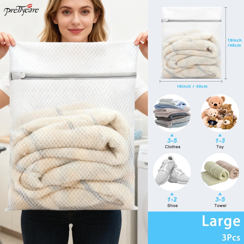 PrettyCare 3 Large (16x19inch) Mesh Laundry Bags for Delicates, Durable Honeycomb Wash Bags with Premium Zippers - Laundry Essentials Mesh Bags for Lingerie, Bras, Socks, Sweater, Travel & Organizing - Image 2