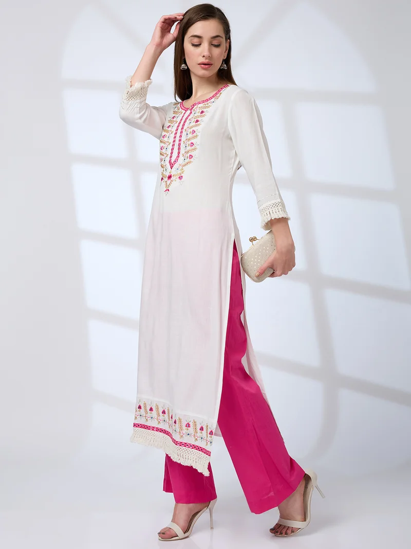 globus Women Floral Embroidered Yoke Crochet Detail Sleeves Straight Festive Kurta