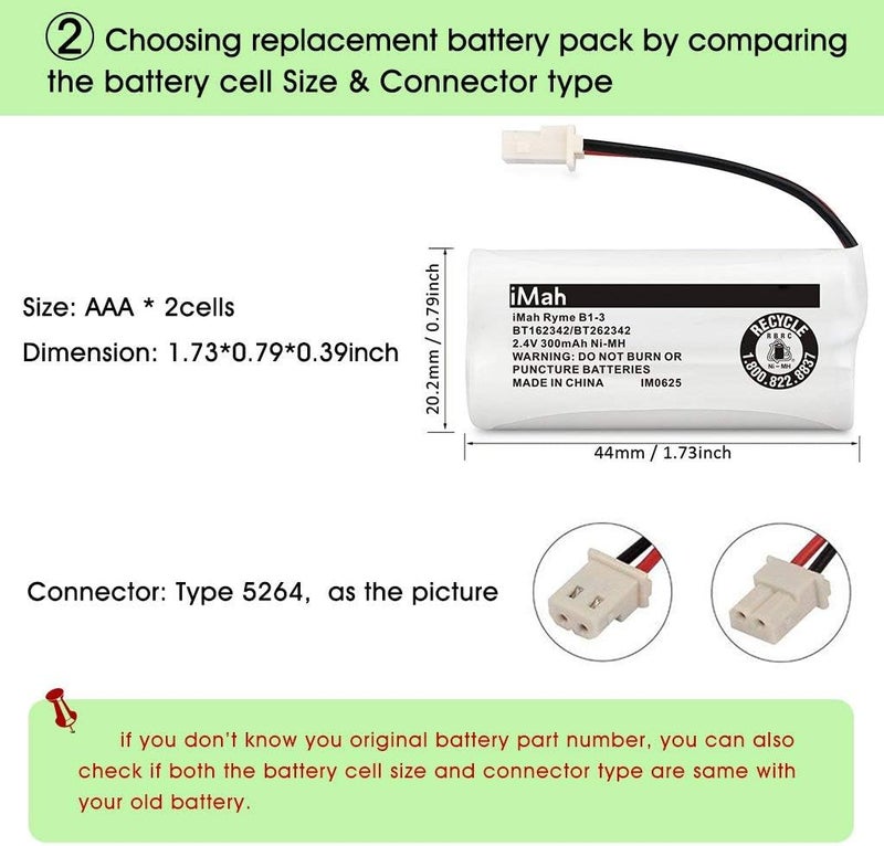 iMah BT162342 BT262342 Cordless Phone Batteries Compatible with BT183342 BT283342 BT166342 BT266342 VTech CS6114 CS6419 CS6719 AT&T EL52300 CL80111 Handset Telephone (Pack of 2) - Image 5