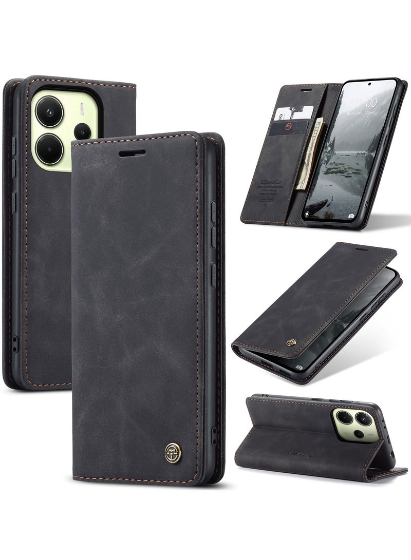CaseMe Phone Case Luxury PU Leather Design 013 Flip Cover Card Slot Holder Cover For Redmi Note 14 4G (Black ) - Image 1