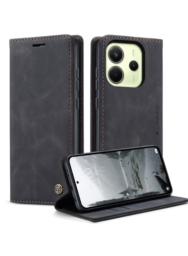 CaseMe Phone Case Luxury PU Leather Design 013 Flip Cover Card Slot Holder Cover For Redmi Note 14 4G (Black ) - Image 2