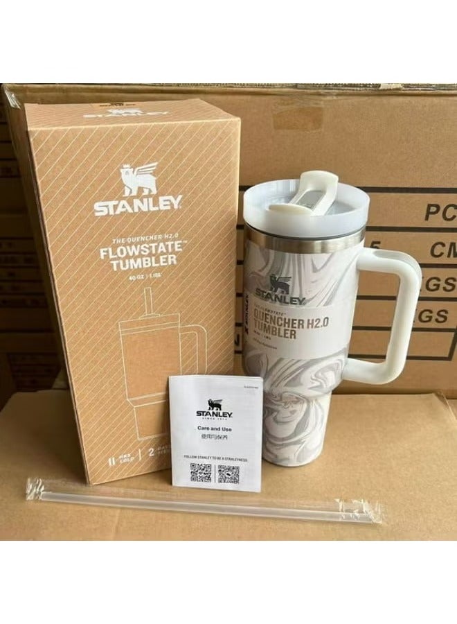 Stanley 40oz Stainless Steel Travel Tumbler with Triple-Function Rotating Lid – Splash-Resistant Straw Opening, Leak-Resistant Seal & Wide Mouth – Durable Vacuum Insulated Thermos Keeps Drinks Hot or Cold for Hours – Sleek Ergonomic Handle, BPA-Free & Cupholder-Compatible – Imported White Grain Pattern – Ideal for Car, Office, or Gym Use - Image 2