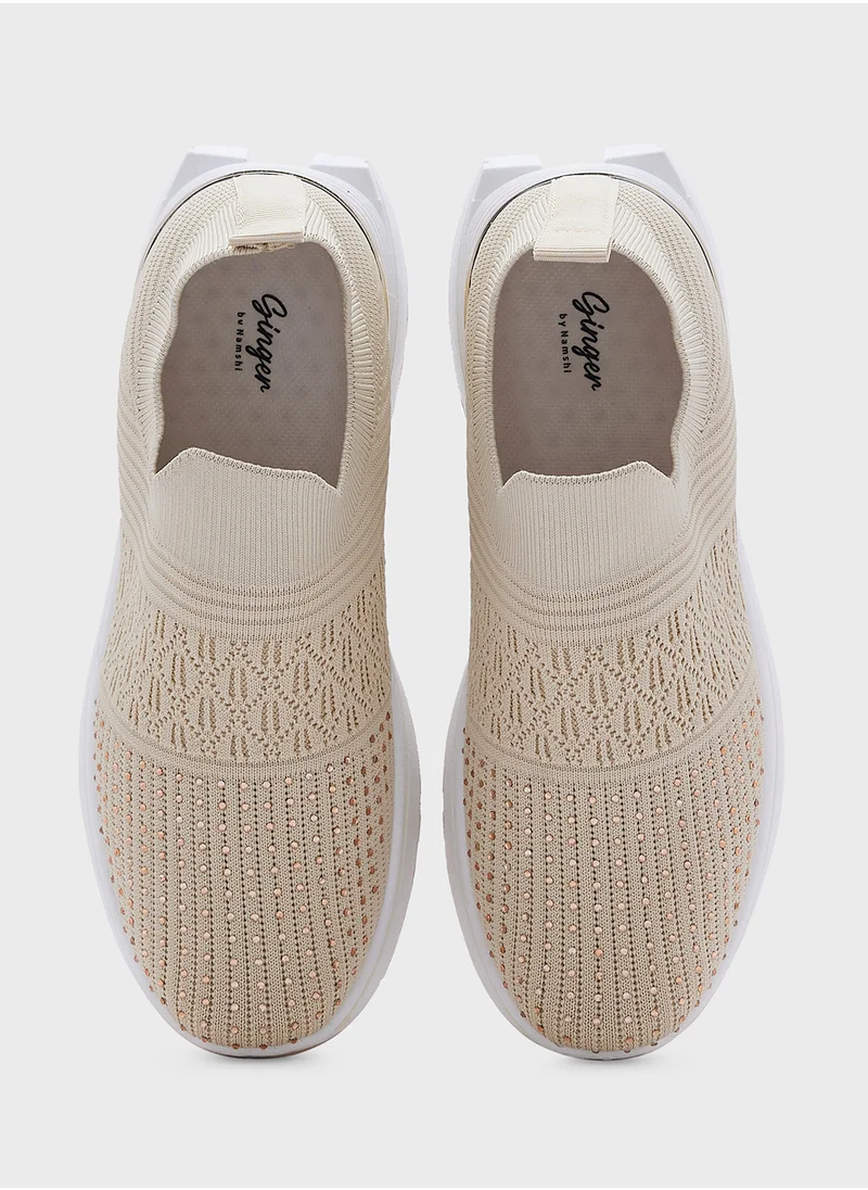 جينجر Diamante Fly Knit Slip On Comfort Shoes