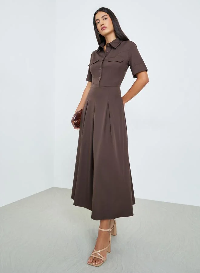Styli Brown Buttoned A-Line Shirt Midi Dress