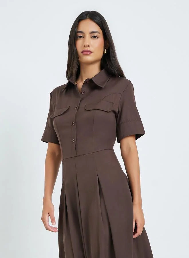 Styli Brown Buttoned A-Line Shirt Midi Dress