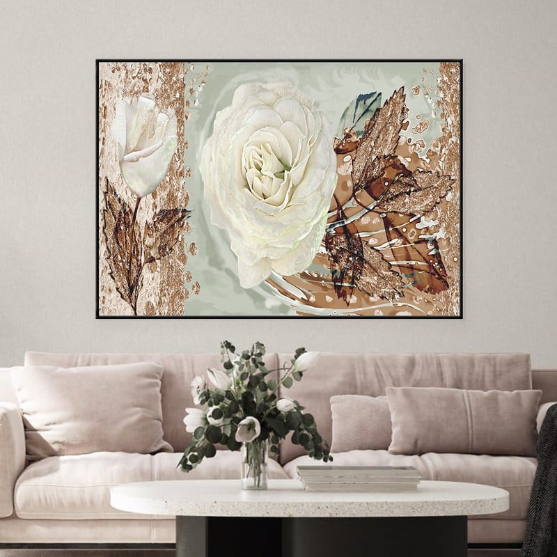 Marktna One canvas print of a white rose design with a hollow frame, measuring (60×40) - Image 2
