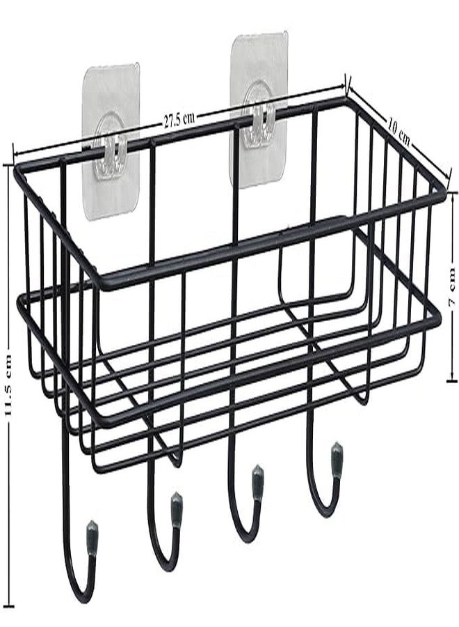 Haristar Steel Self-Adhesive Multipurpose Bathroom Shelf with Hooks/Towel Holder/Rack/Bathroom Accessories-Wall Mount - Pack of 3 (Black,Powder Coated) - Image 2