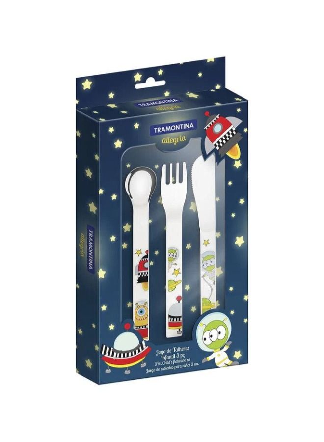 TRAMONTINA Tramontina Brazil, Allegria children's flatware set in outer space stainless steel, glossy finish with colorful designs, 3 pieces  - Image 1