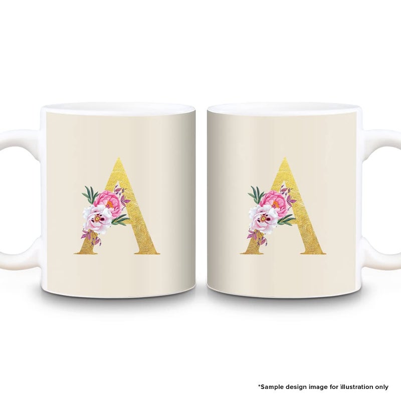 Stylizedd Designer Printed Coffee Mug 11oz Ceramic Personalised Gift Mugs Cup -Custom Monogram Initial Letter Floral Pattern Alphabet - M (White) - Image 2