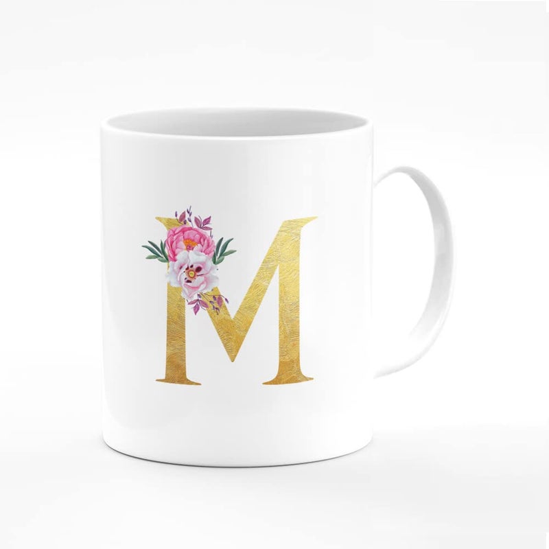 Stylizedd Designer Printed Coffee Mug 11oz Ceramic Personalised Gift Mugs Cup -Custom Monogram Initial Letter Floral Pattern Alphabet - M (White) - Image 1