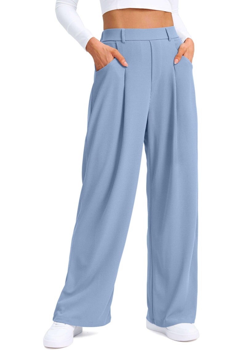 SANTINY Wide Leg Pants Woman Elastic High Waisted Waffle Knit Slacks Business Casual Work Pants Pleated Trousers with Pockets (Cosmic Blue_S) - Image 1