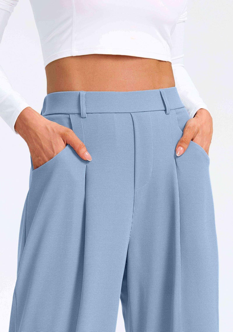 SANTINY Wide Leg Pants Woman Elastic High Waisted Waffle Knit Slacks Business Casual Work Pants Pleated Trousers with Pockets (Cosmic Blue_S) - Image 5