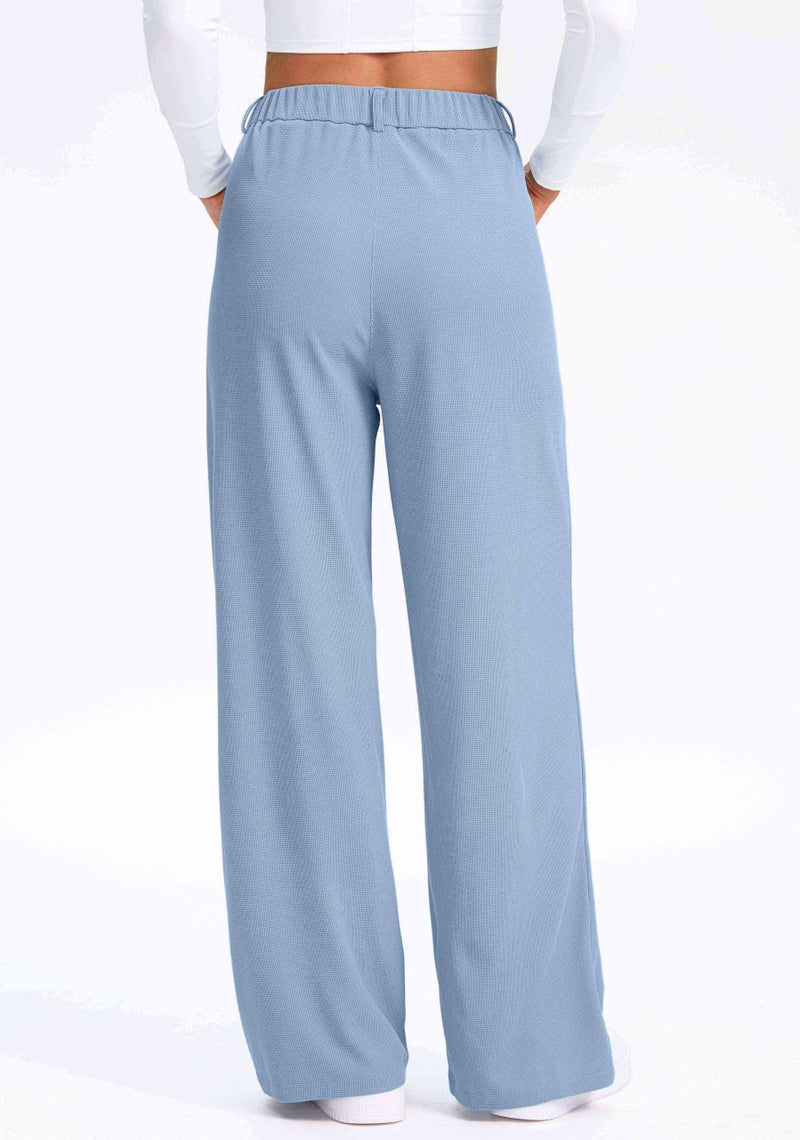 SANTINY Wide Leg Pants Woman Elastic High Waisted Waffle Knit Slacks Business Casual Work Pants Pleated Trousers with Pockets (Cosmic Blue_S) - Image 3