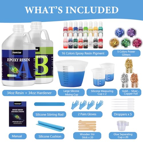 FUHITIM 1 Gallon Crystal Clear Epoxy Resin Kit, High-Glossy& No Bubbles, Art & Casting Resin with 16 Epoxy Resin Pigment, Foil Flakes, Sequin,Craft Clear Resin for Art Crafts, Jewelry, Molds - Image 2