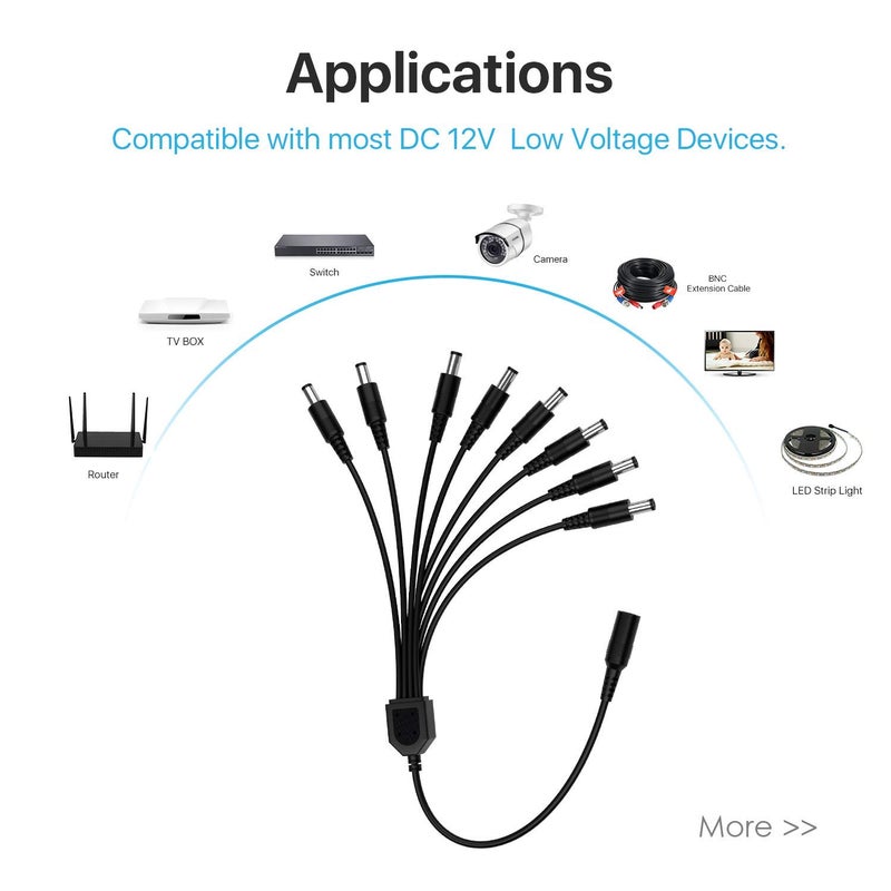 KEBILSHOP كيبيلاشوب DC 1 أنثوي إلى 8 ذكور كابل تقسيم الطاقة Y محول لملحقات CCTV 1 DC أنثوي إلى 8 DC ذكور أسود - Image 4
