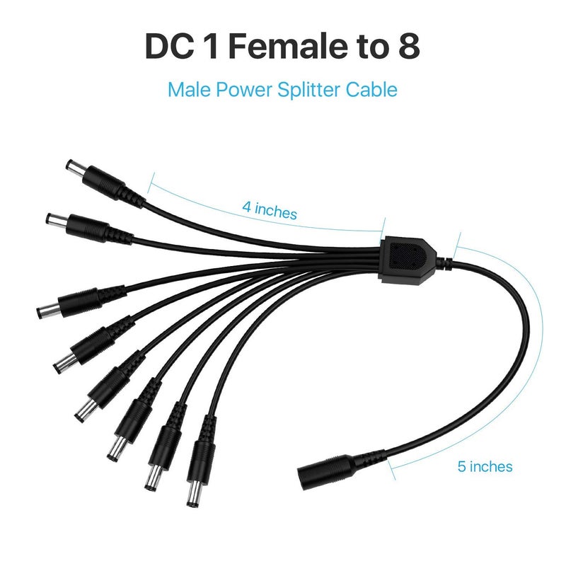 KEBILSHOP كيبيلاشوب DC 1 أنثوي إلى 8 ذكور كابل تقسيم الطاقة Y محول لملحقات CCTV 1 DC أنثوي إلى 8 DC ذكور أسود - Image 2