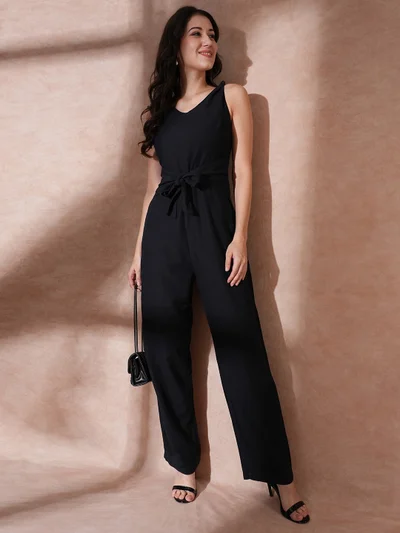 globus Women Basic Waist Tie-Up Longline Cotton Jumpsuit
