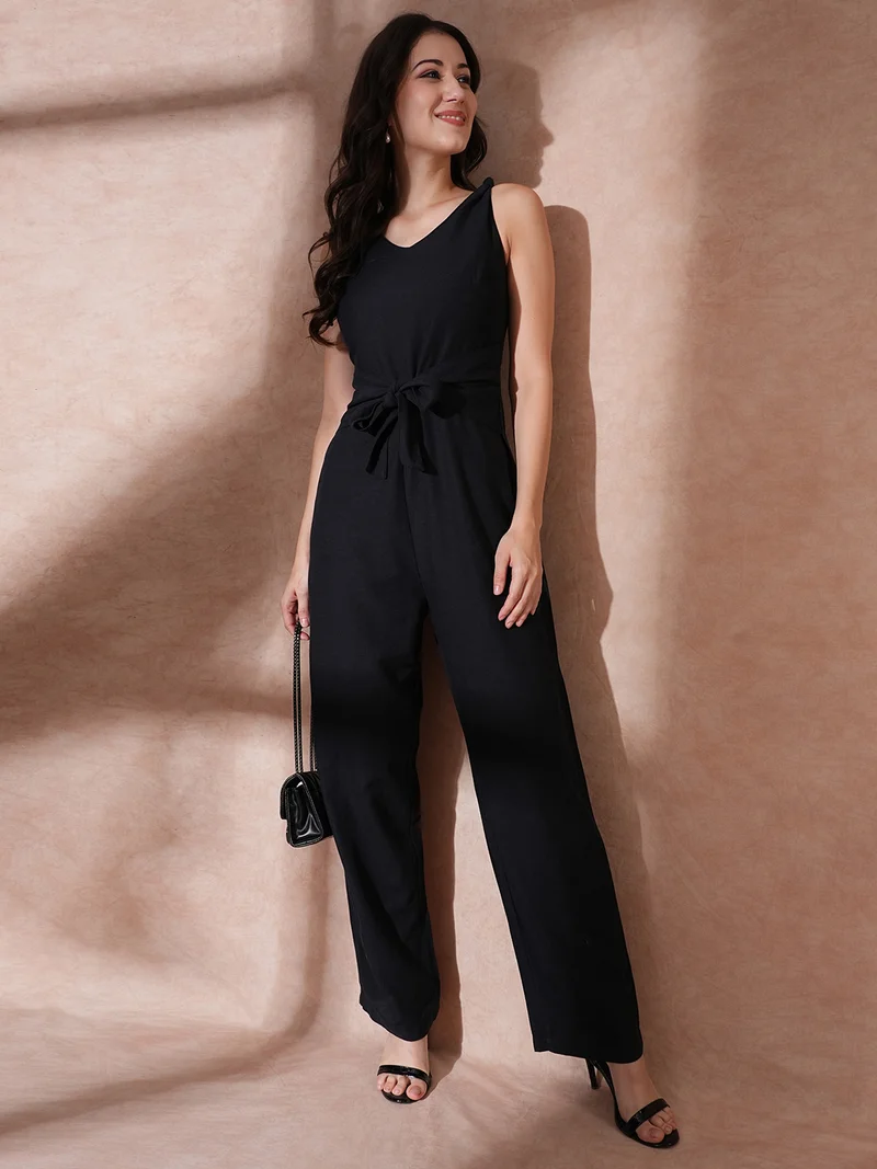 globus Women Basic Waist Tie-Up Longline Cotton Jumpsuit