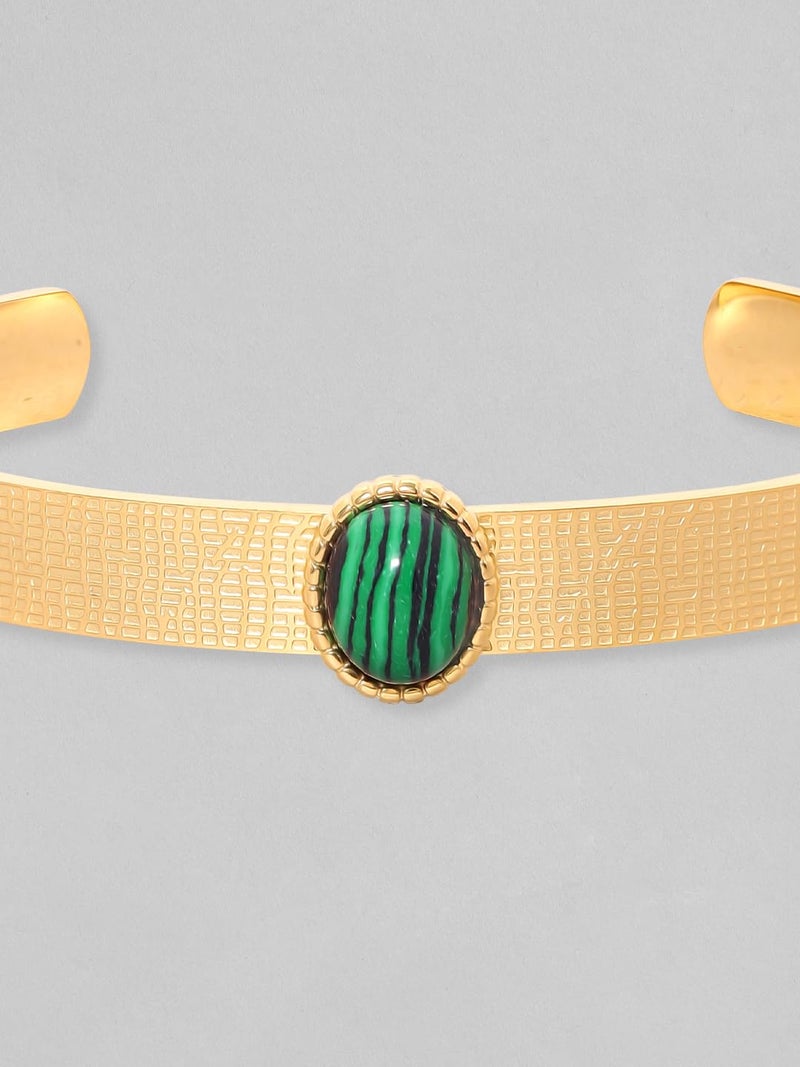 Rubans 18K Gold-Plated Textured Open Cuff Bracelet with Emerald Green Stone Accent for Women & Girls - Image 2