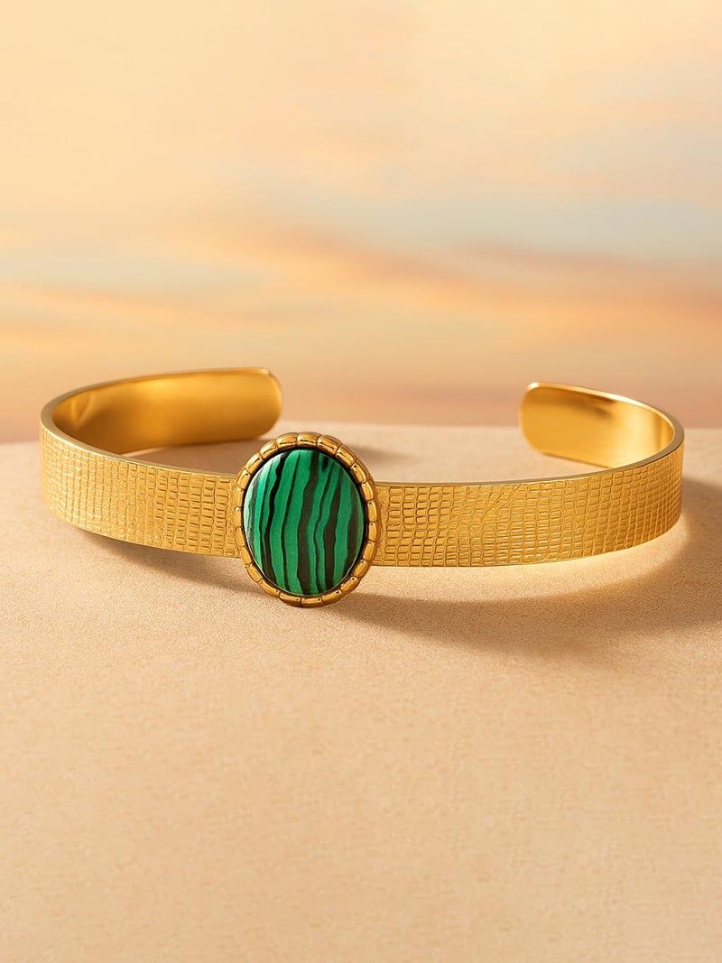 Rubans 18K Gold-Plated Textured Open Cuff Bracelet with Emerald Green Stone Accent for Women & Girls - Image 5