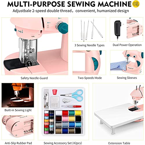 Magicfly Mini Sewing Machine with Extension Table, Dual Speed Portable Sewing Machine for Beginners with Light, Sewing Kit for Household Use, Pink - Image 3