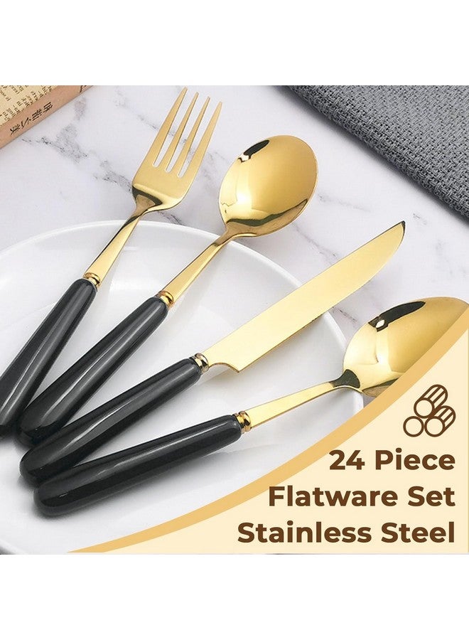 Artek Stainless Steel Spoons, Forks & Knives Set of 24 with Stand and Ceramic Handle Golden Cutlery Set (Black) - Image 5