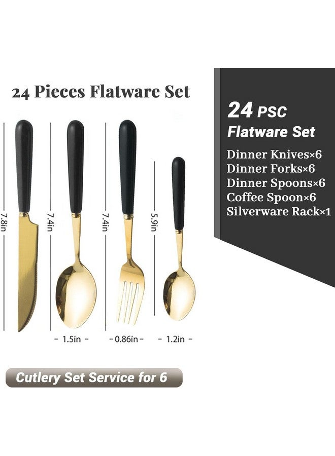 Artek Stainless Steel Spoons, Forks & Knives Set of 24 with Stand and Ceramic Handle Golden Cutlery Set (Black) - Image 4