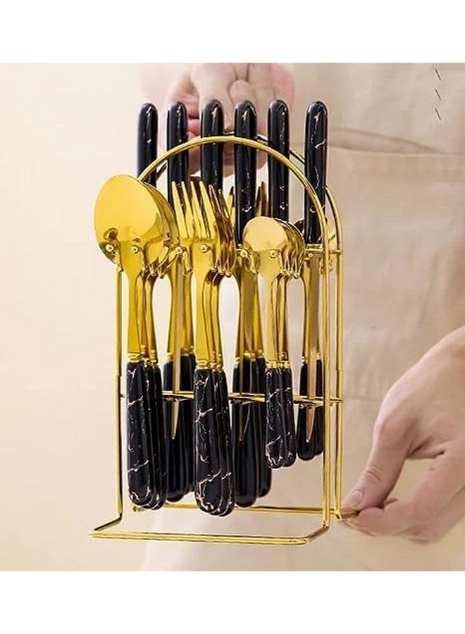 Artek Stainless Steel Spoons, Forks & Knives Set of 24 with Stand and Ceramic Handle Golden Cutlery Set (Black) - Image 2