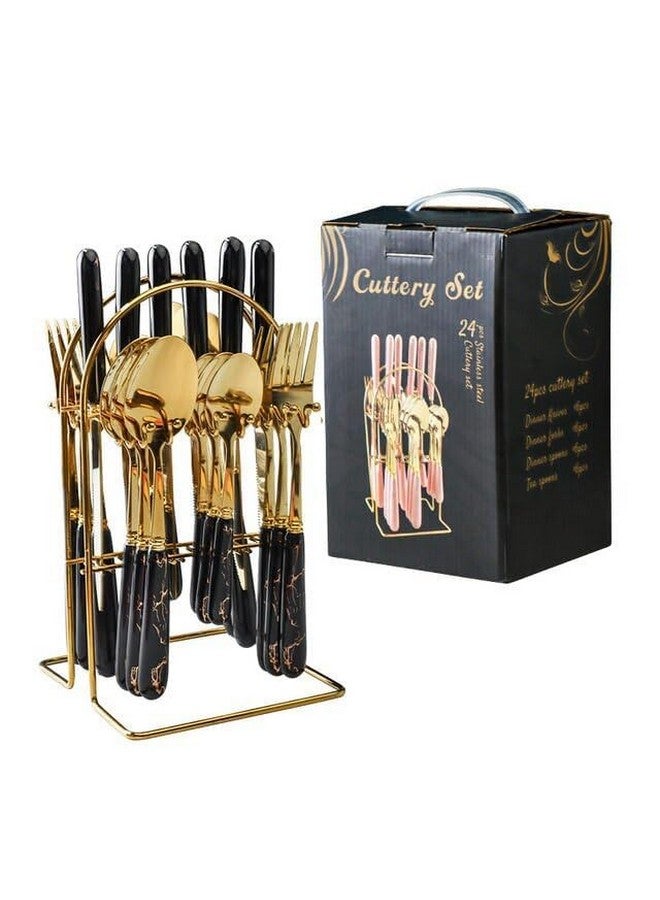 Artek Stainless Steel Spoons, Forks & Knives Set of 24 with Stand and Ceramic Handle Golden Cutlery Set (Black) - Image 3
