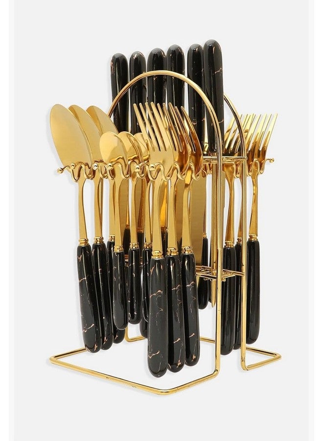 Artek Stainless Steel Spoons, Forks & Knives Set of 24 with Stand and Ceramic Handle Golden Cutlery Set (Black) - Image 1