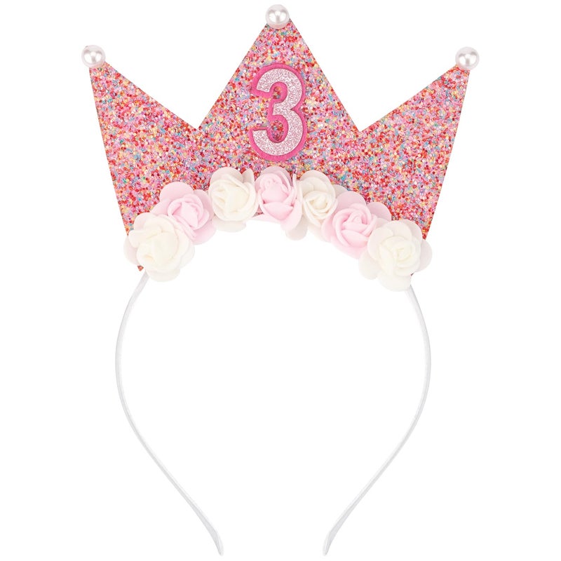 SuPoo Birthday Decorations for 3 Year Old Girl  Headband Crown Glitter Hair Band Flower Princess Tiara Hair Accessory