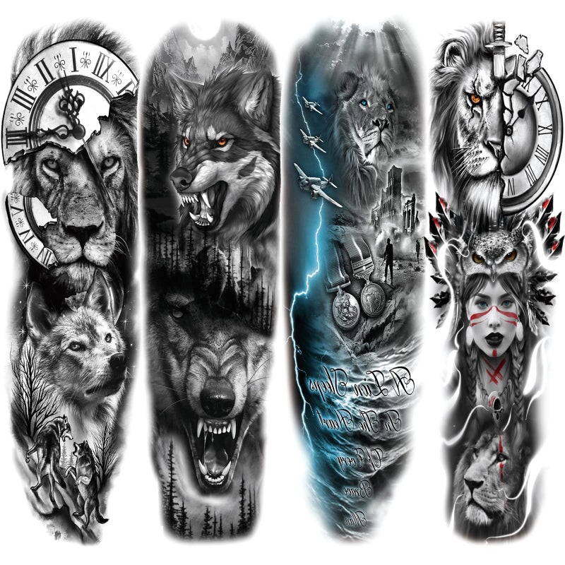Briyhose Lion Wolf Temporary Tattoo Sleeve Large Full Arm Animal Tribal Fake Tattoos Sleeve For Men Women Adult Long Lasting Black Arm Temp Tatoo Sticker Leg Body Art Makeup 4Sheet