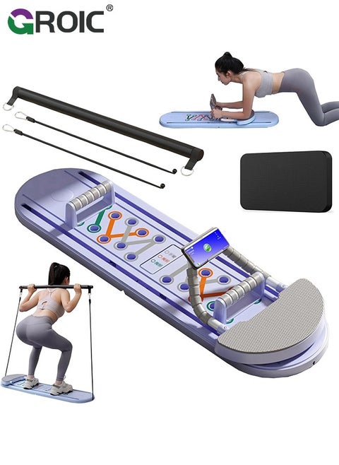 Multi-functional Abdominal Board, Pilates Board Exercise Board with Pilates Stick Resistance Bands and Knee Mat for Full Body, Abdominal Trainer Machine Push Up Exercise Equipment for Home