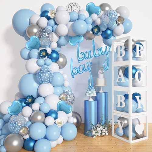 Amandir 137pcs Baby Blue Balloons Baby Shower Decorations for Boy with Baby Boxes, White Blue Balloon Arch Kit Baby Boxes with Letter (A-Z+Baby+Boy) for Boy 1st Birthday Gender Reveal Party Supplies - Image 1
