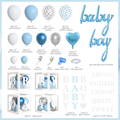Amandir 137pcs Baby Blue Balloons Baby Shower Decorations for Boy with Baby Boxes, White Blue Balloon Arch Kit Baby Boxes with Letter (A-Z+Baby+Boy) for Boy 1st Birthday Gender Reveal Party Supplies - Image 2