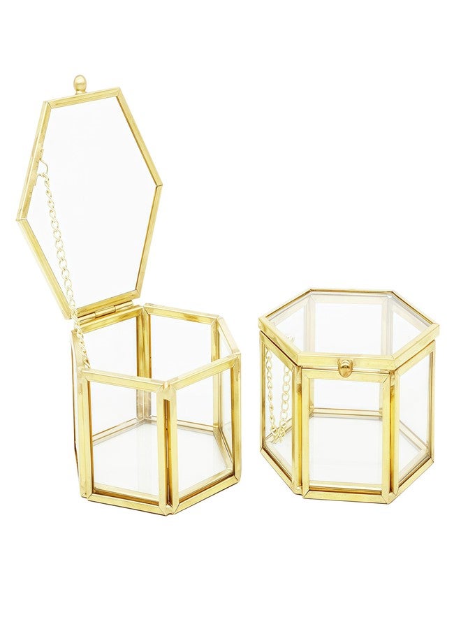 JIARI Glass Jewelry Box Small Gold Hexagonal Decorative Box Ring Earring Display Keepsake Box Case Box for Storage (Small 2 Pack) - Image 1