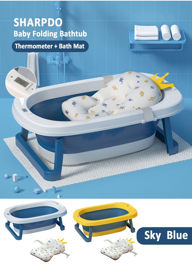 Sharpdo - Foldable Baby Bathtub With Thermometer Bath Cushion Pillow Portable Safe Collapsible Bathtub For Children With Temperature Sensing Multifunction Children Shower Basin Blue - Image 1